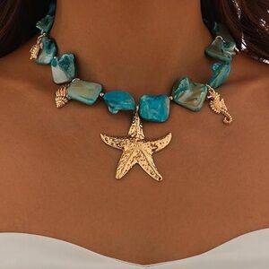 Anthropologie Gold & Aqua Shell Charm Necklace